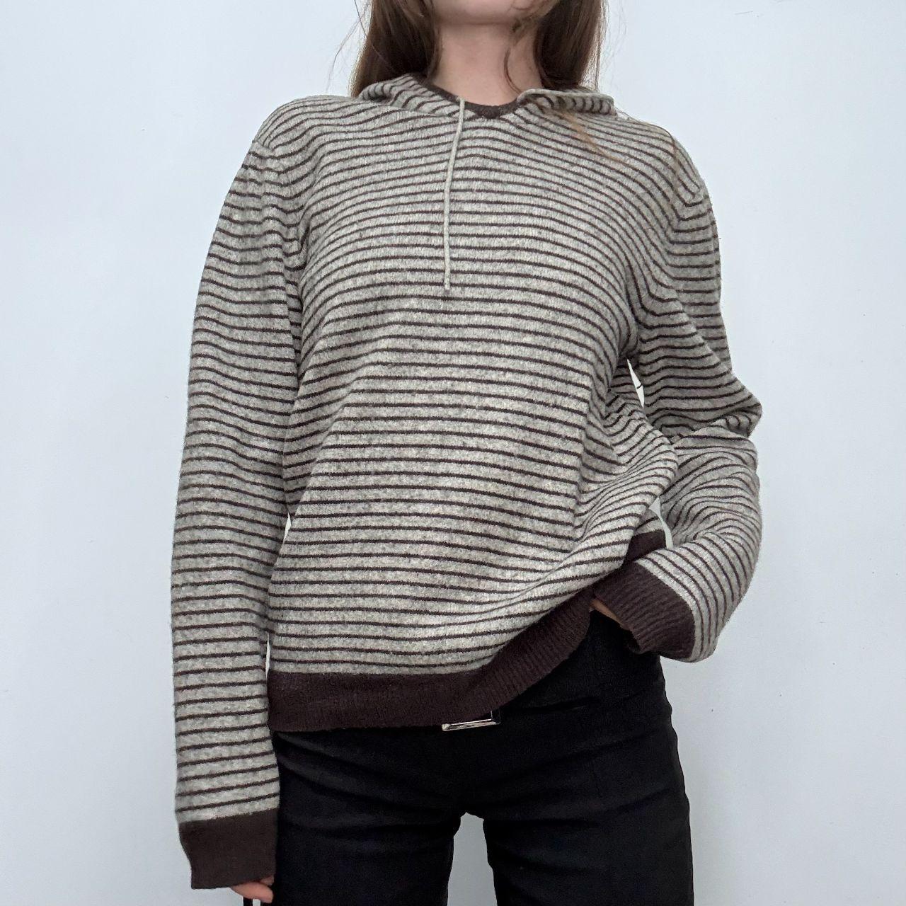 Grey wool pinstripe knitted hoodie jumper