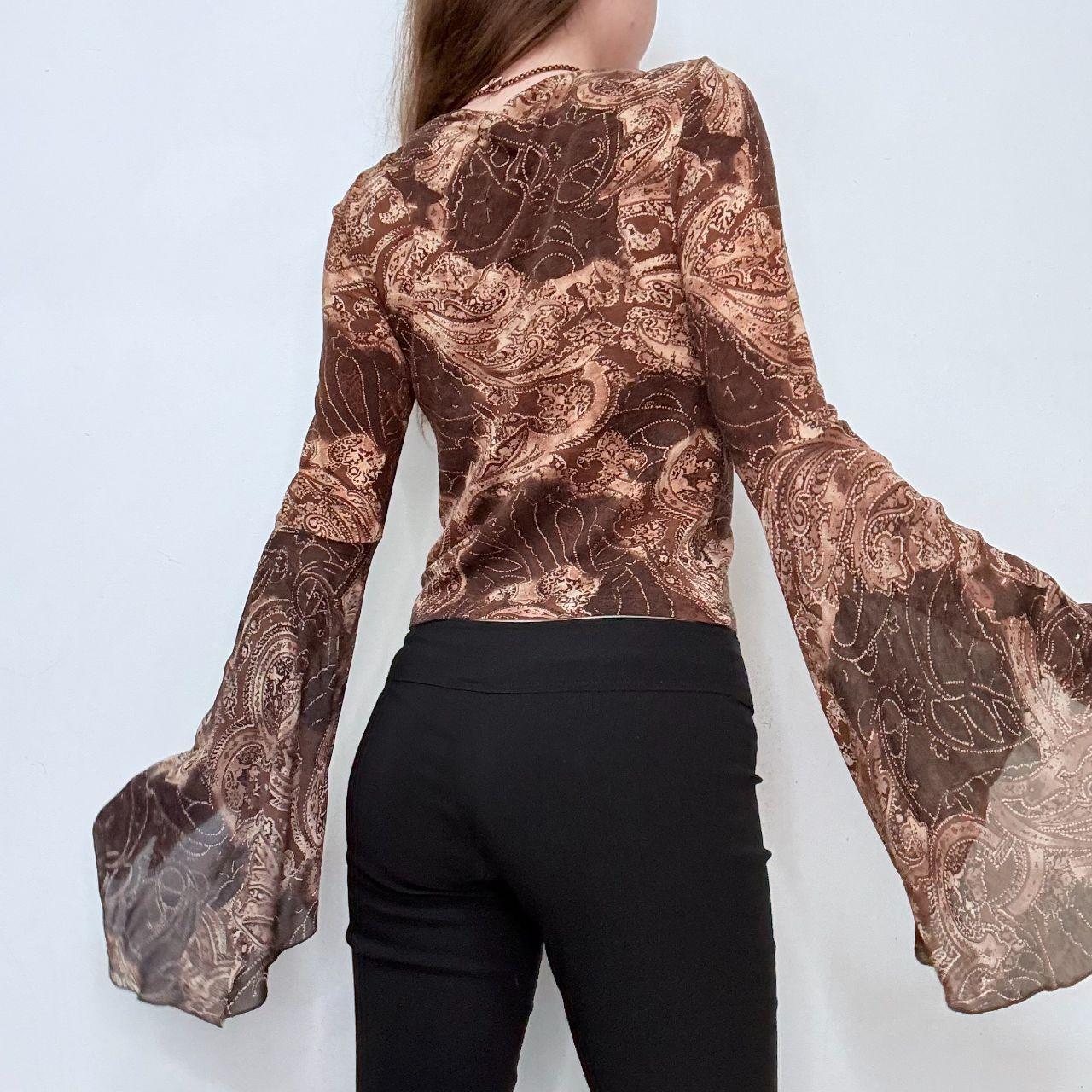 Brown flutter flared bell sleeve blouse