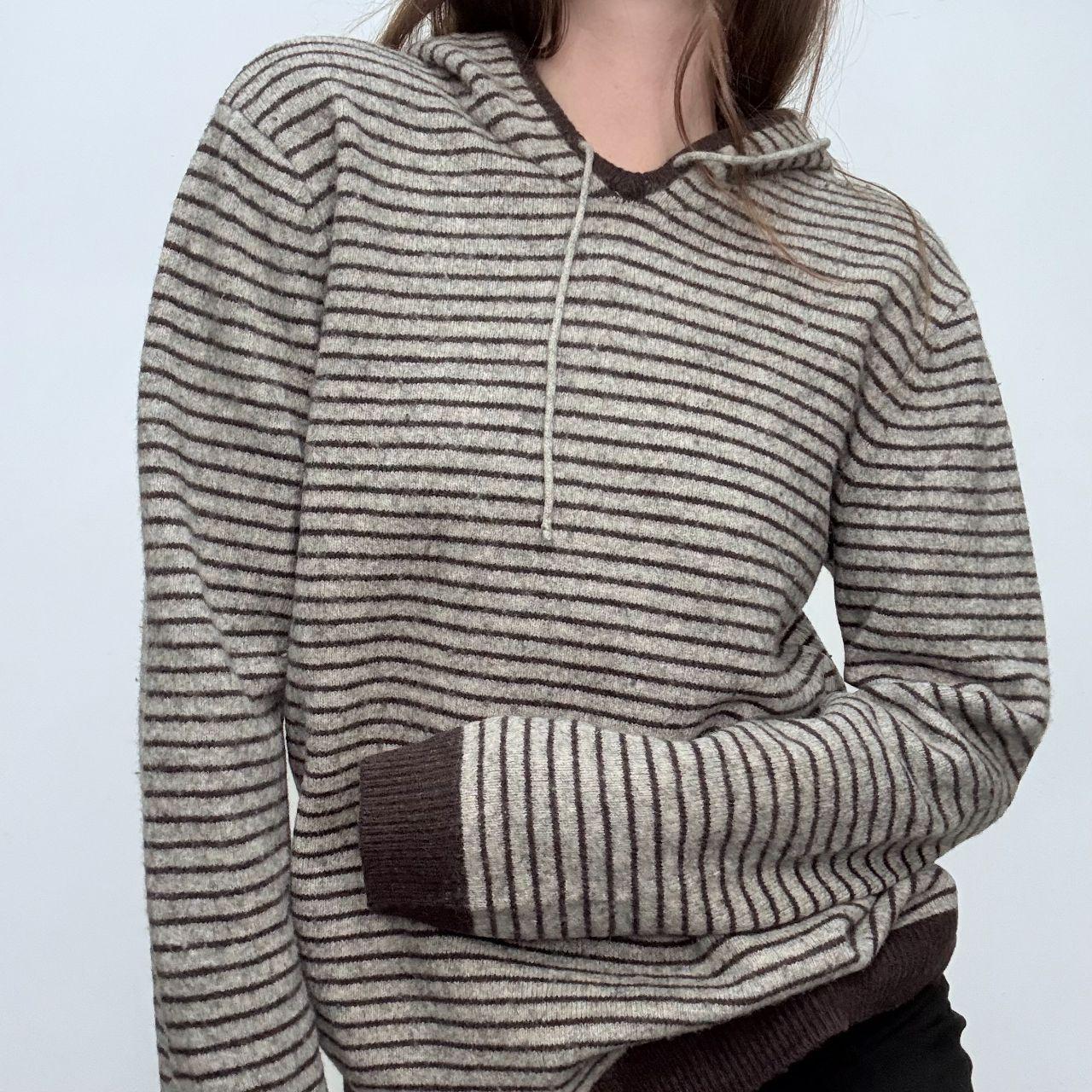 Grey wool pinstripe knitted hoodie jumper