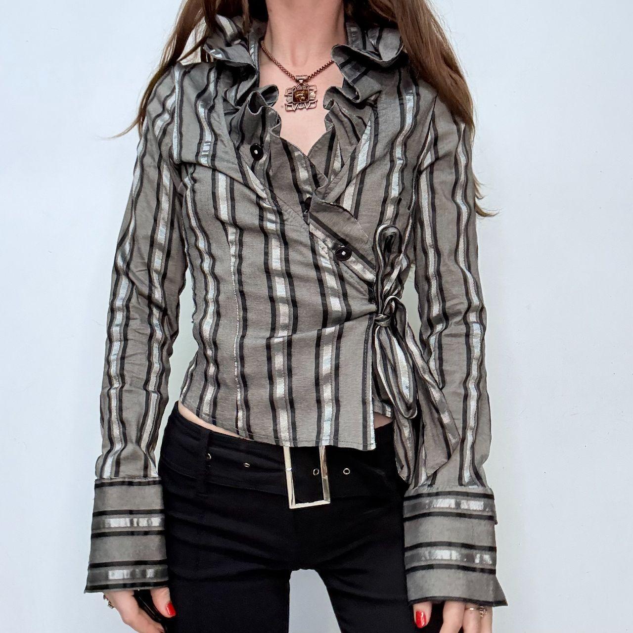 Asymmetric striped ruffle shirt