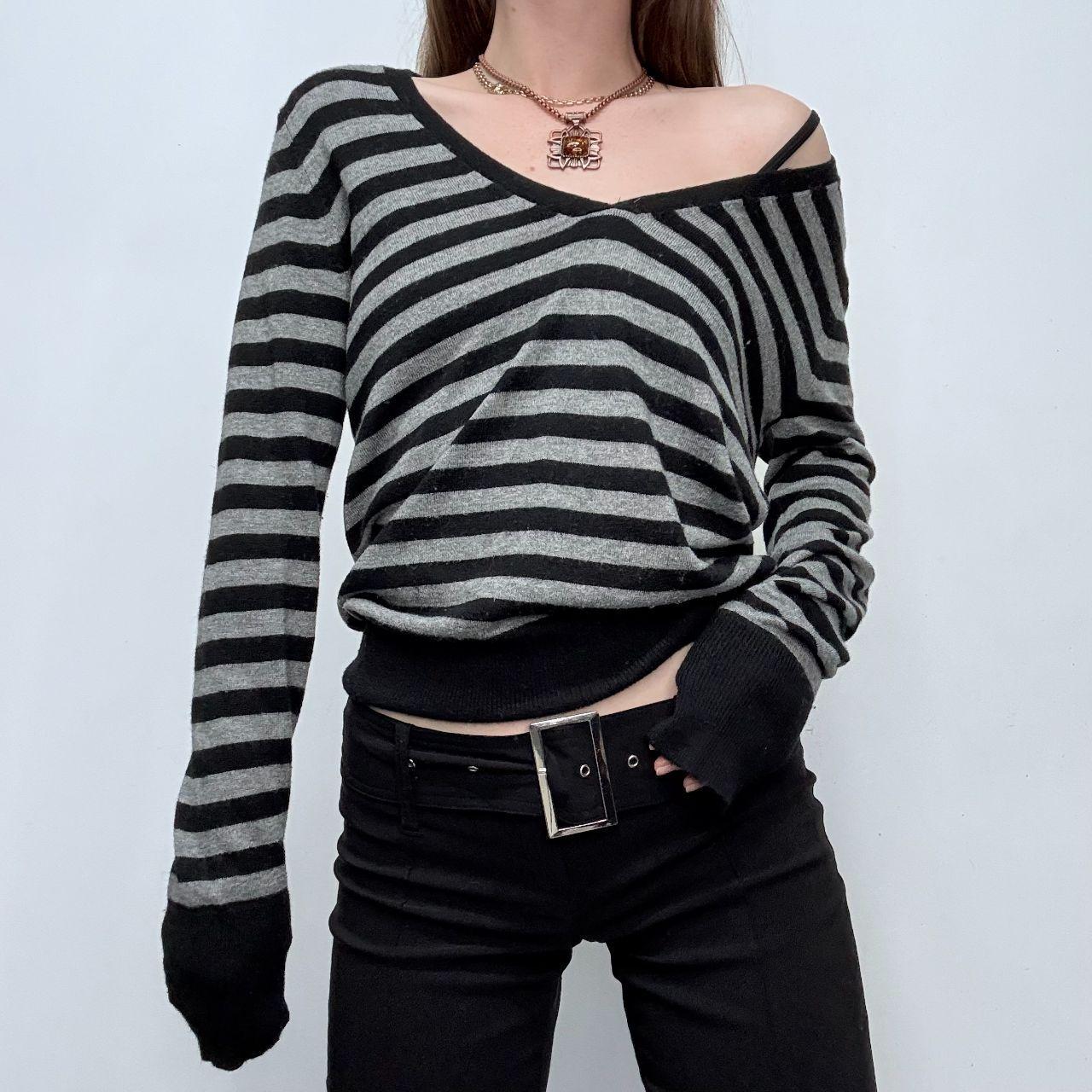 Grey wool knitted striped slouchy jumper