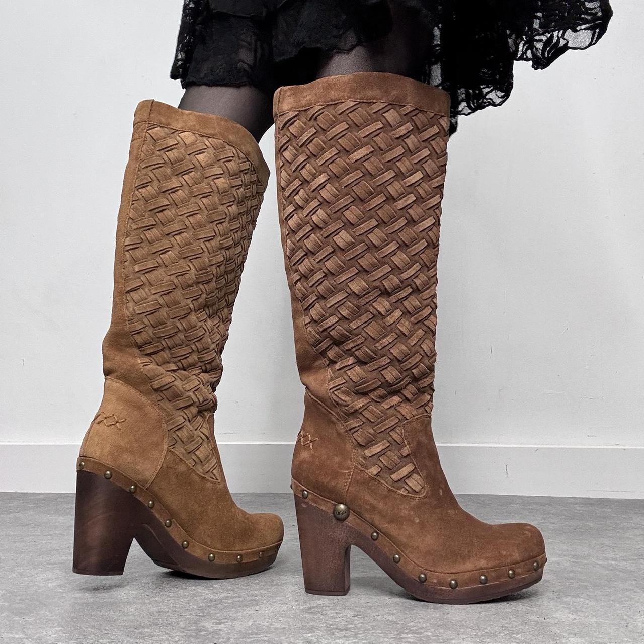 Tan suede woven leather stud clog boots