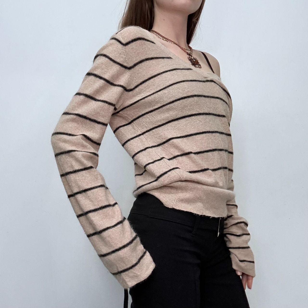 Tan pinstripe wide neck slouchy jumper
