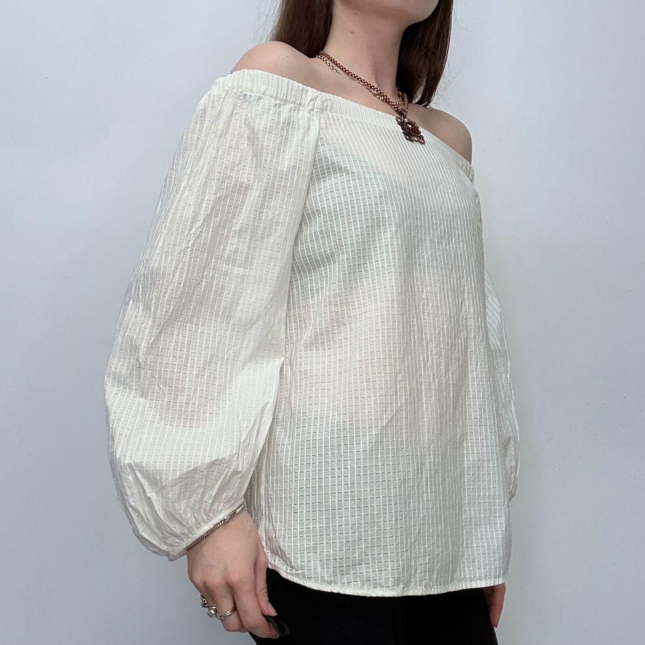 Cream sheer off the shoulder puff shirt