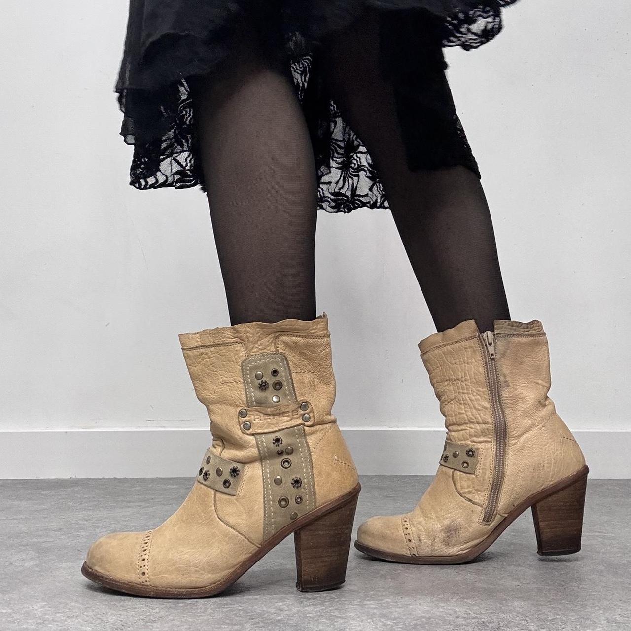 Cream leather studded eyelet boots
