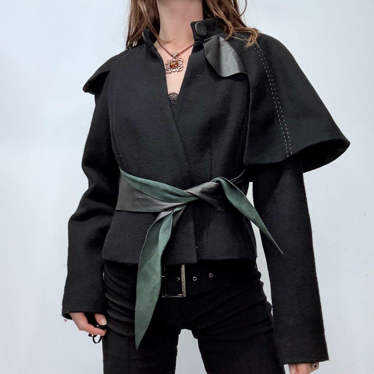 Black asymmetric flared draped jacket