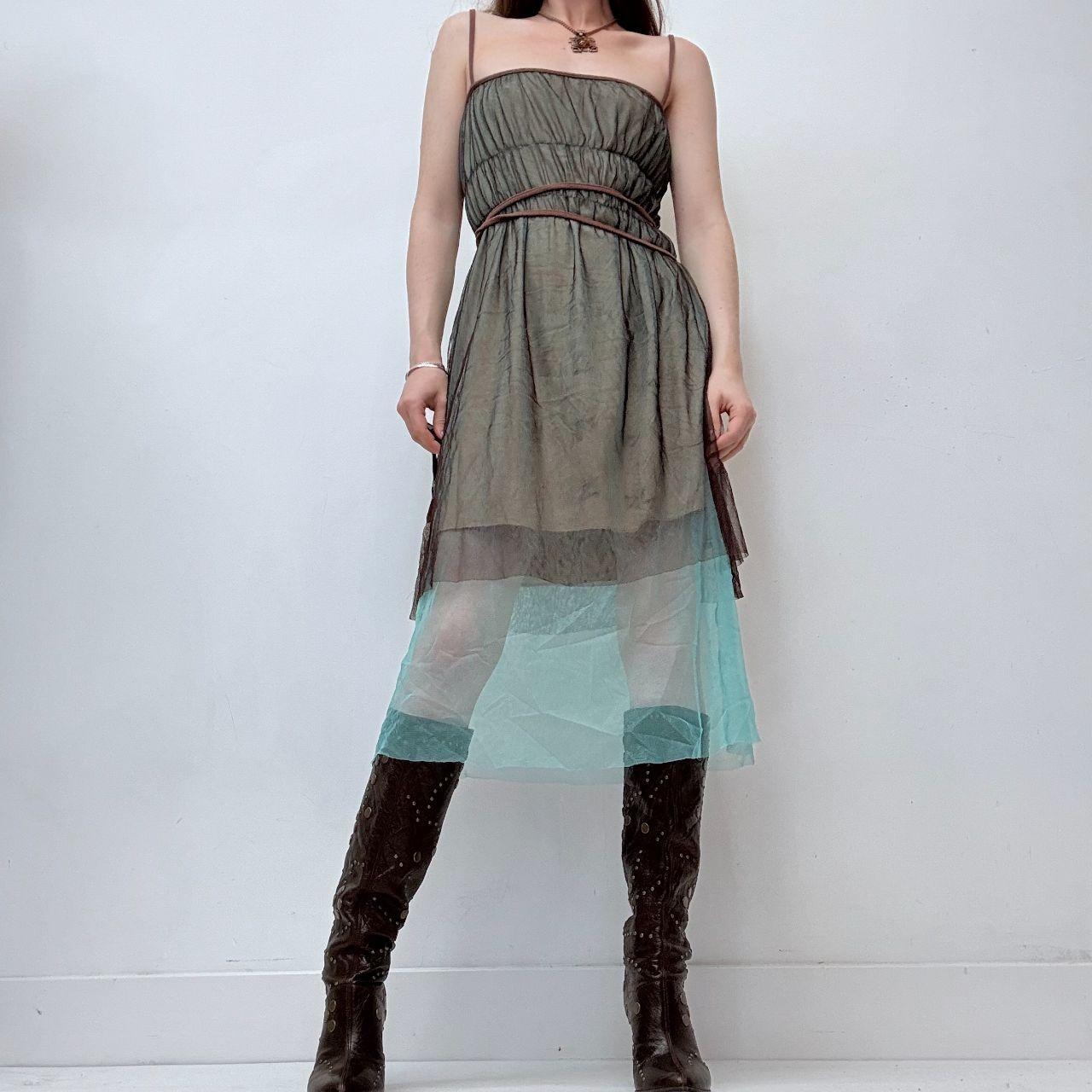 Sheer layered mesh gathered midi dress