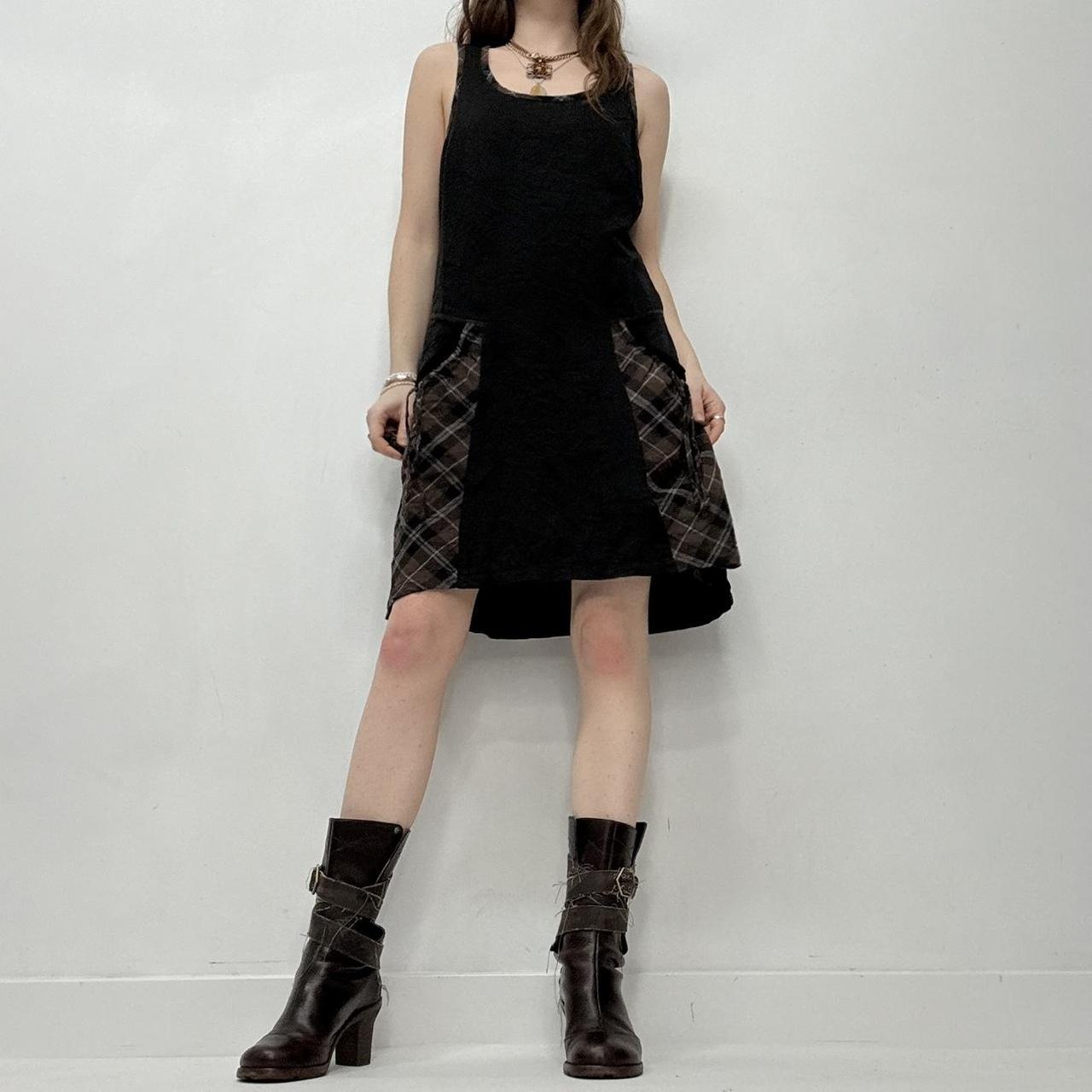 Black tartan puff mini dress