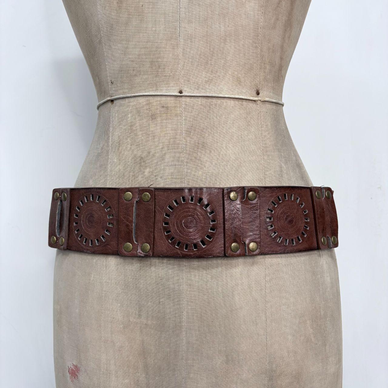 Brown leather studded embossed belt