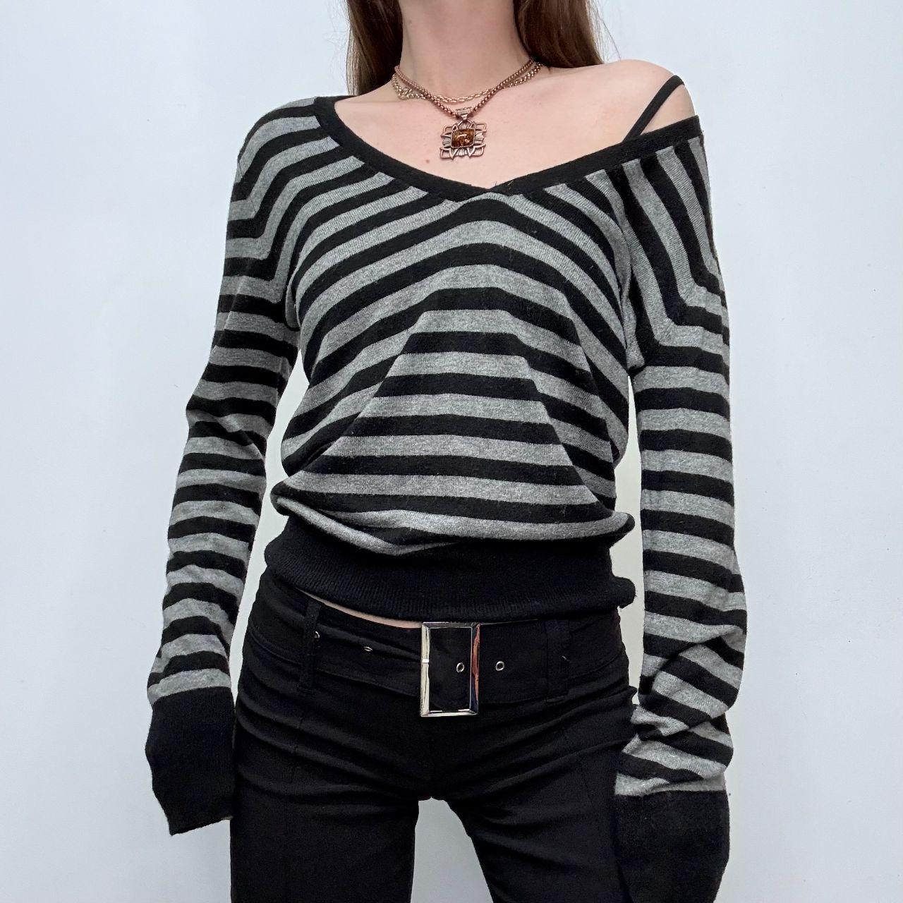 Grey wool knitted striped slouchy jumper