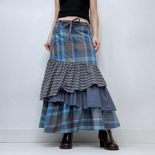 Tartan ruffle layered maxi skirt
