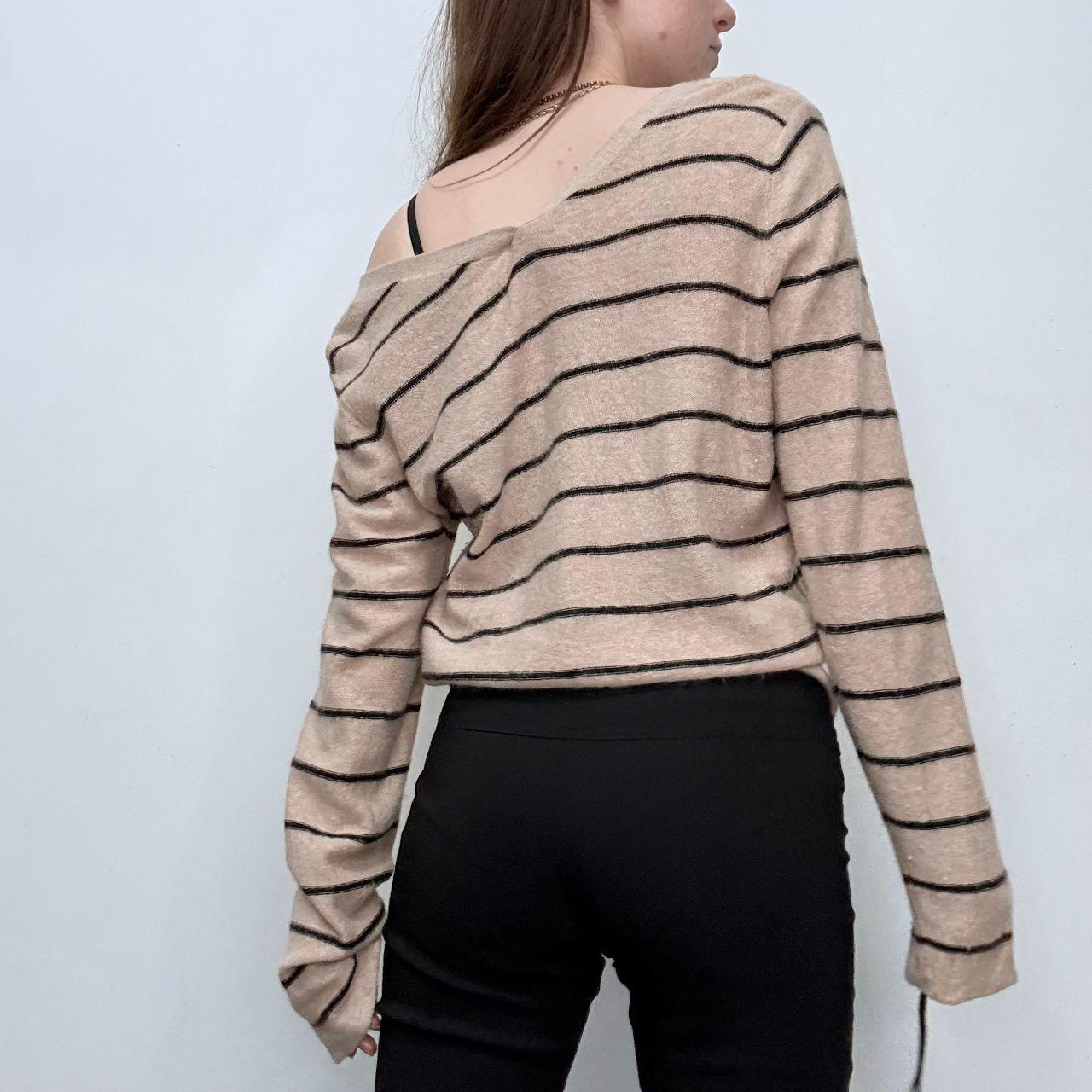 Tan pinstripe wide neck slouchy jumper
