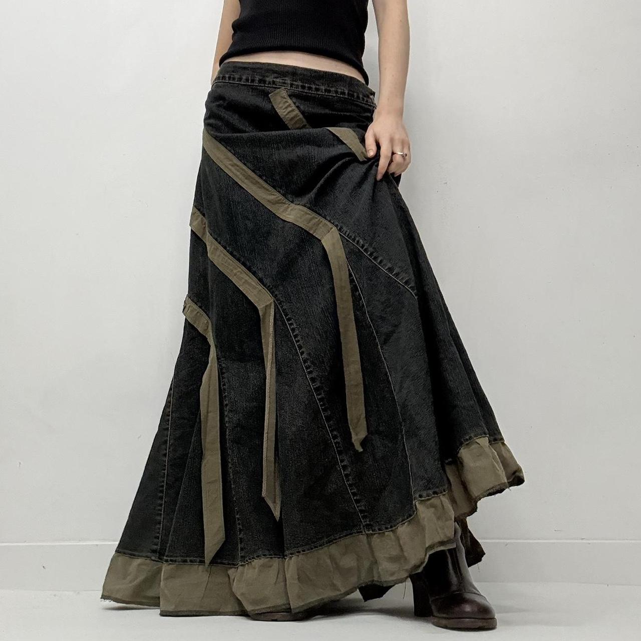 Dark denim ruffle maxi skirt