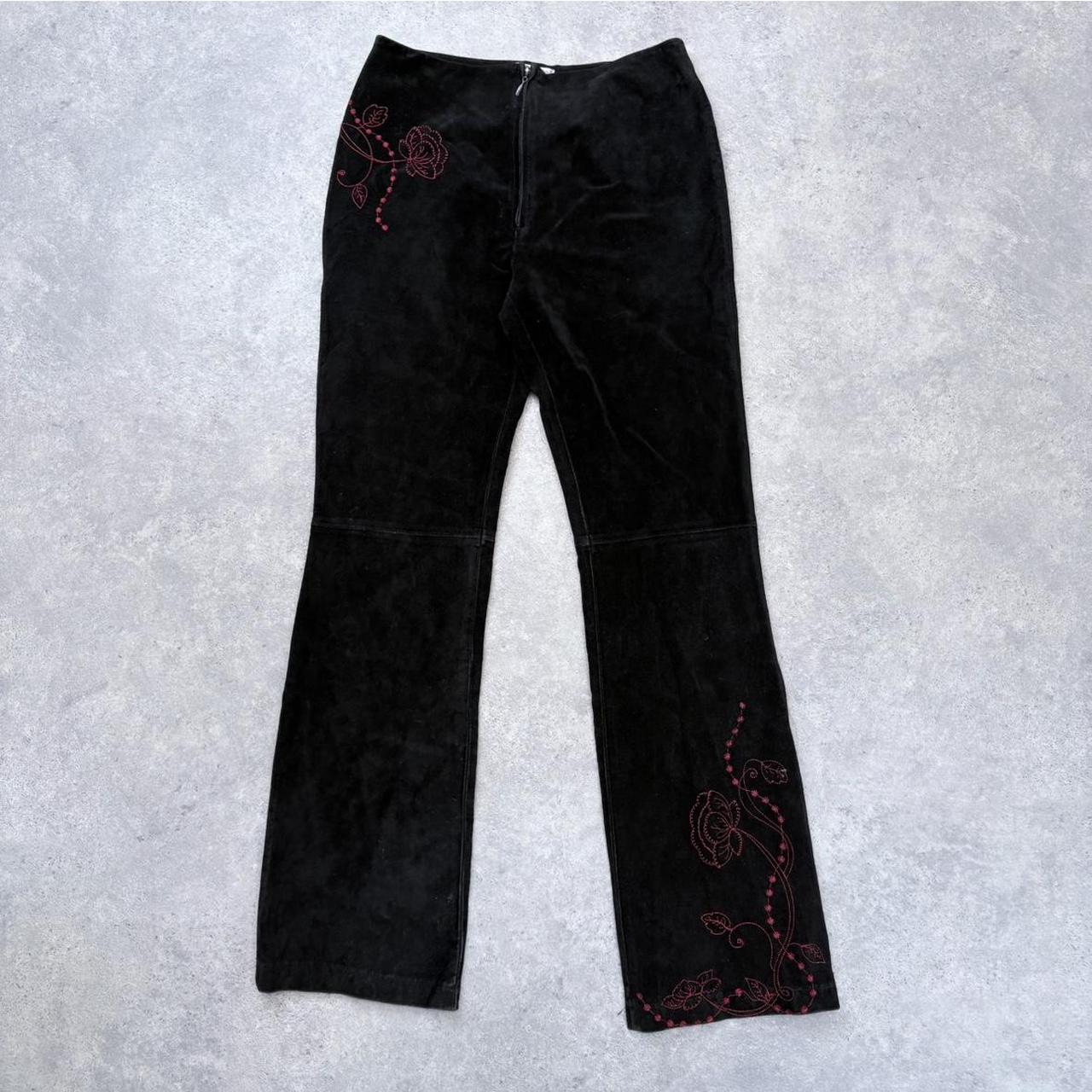 Black suede embroidered trousers
