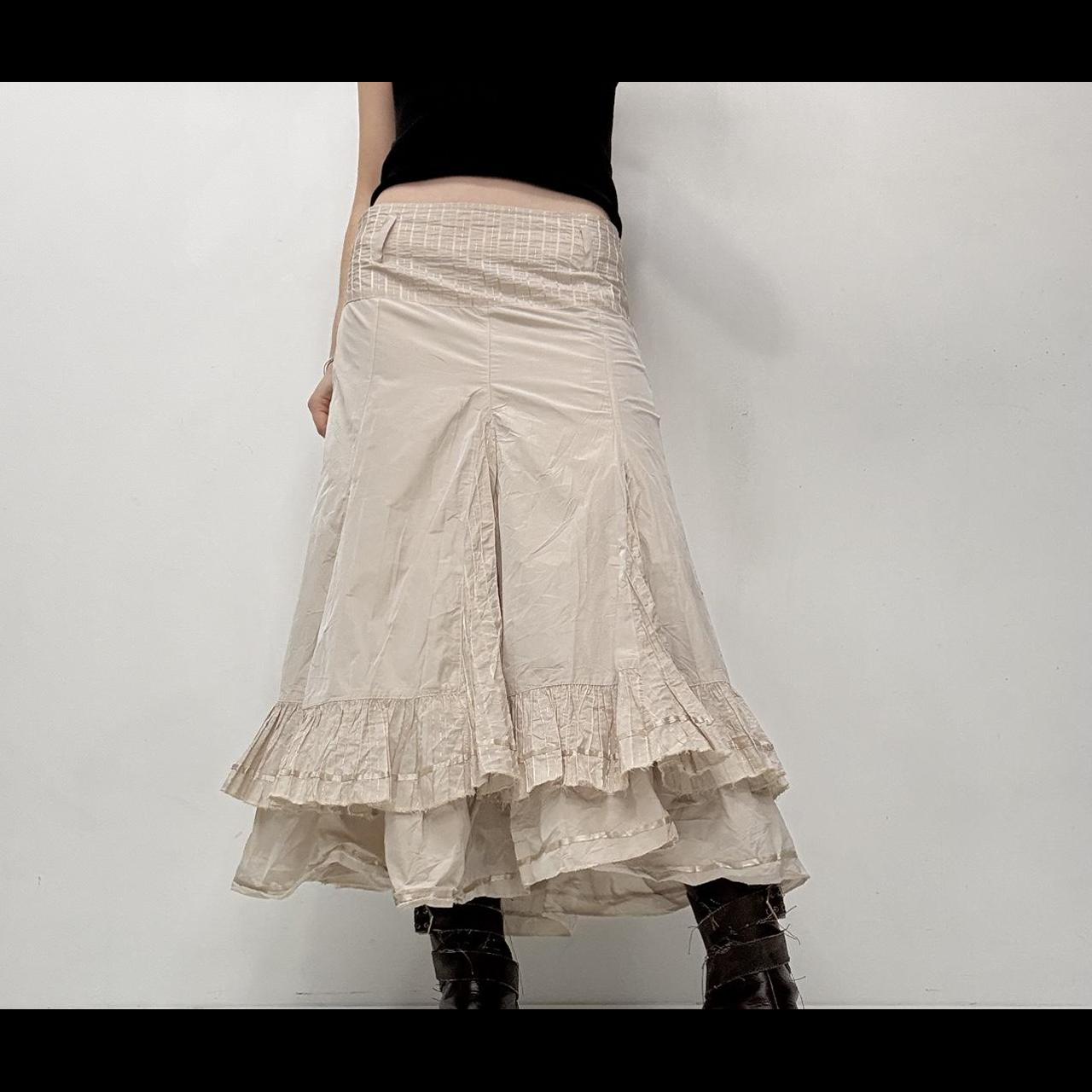 Tan pinstripe flared ruffle midi skirt