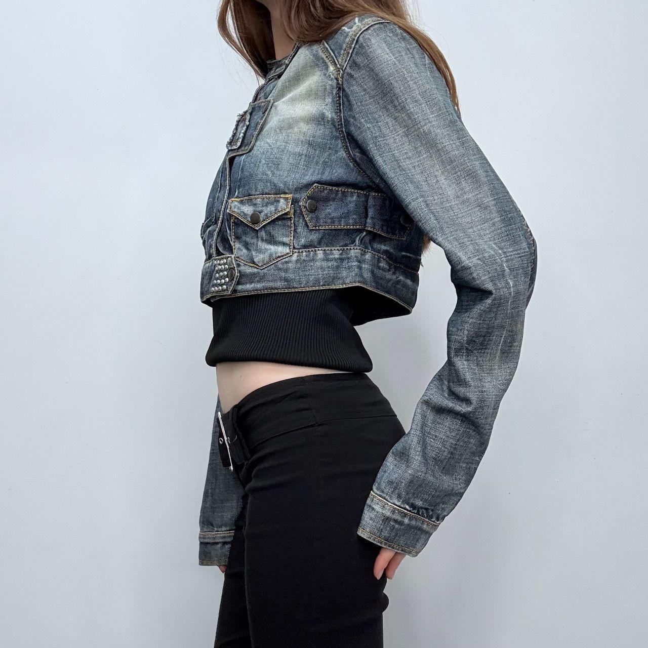 Distressed denim cropped utility jacket