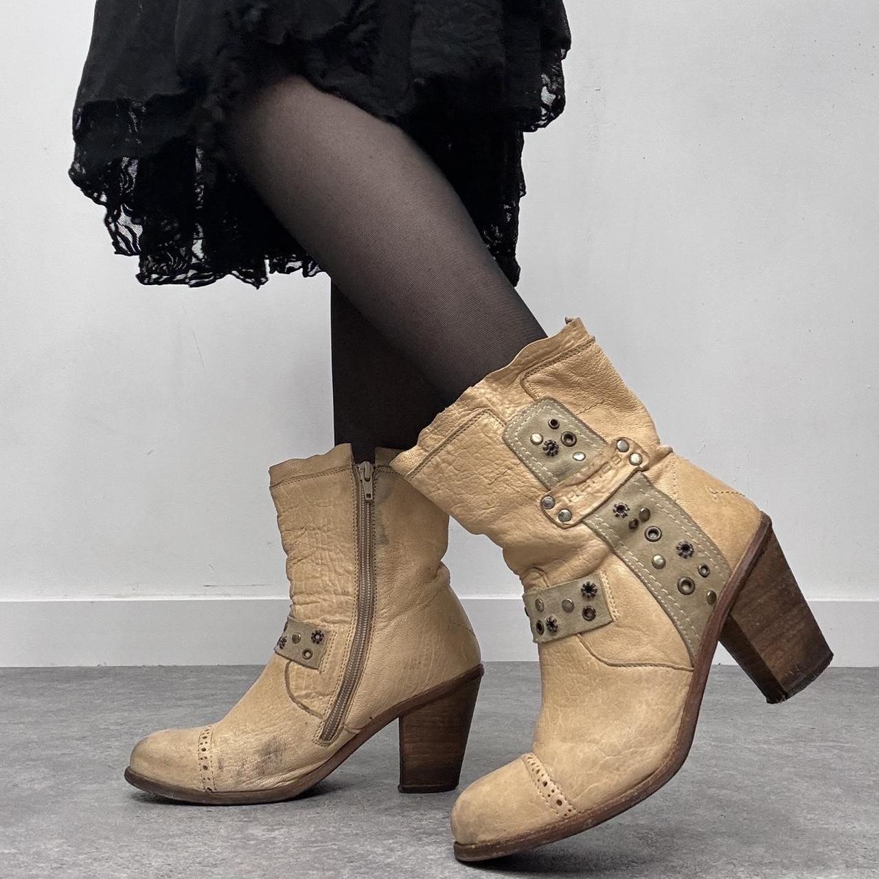 Cream leather studded eyelet boots