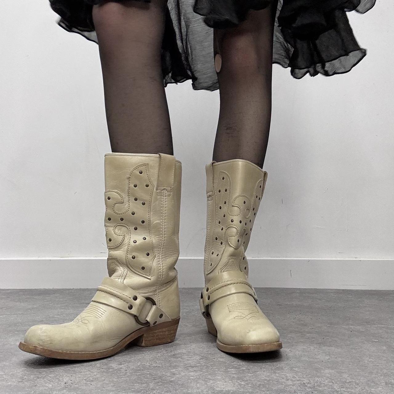 Cream leather chunky cowboy boots