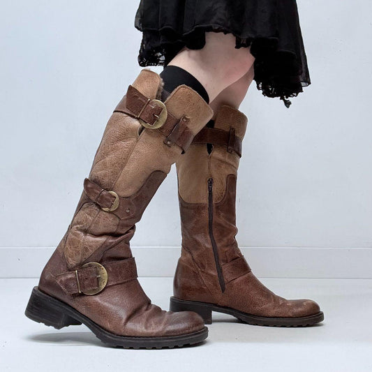 Brown leather biker boots