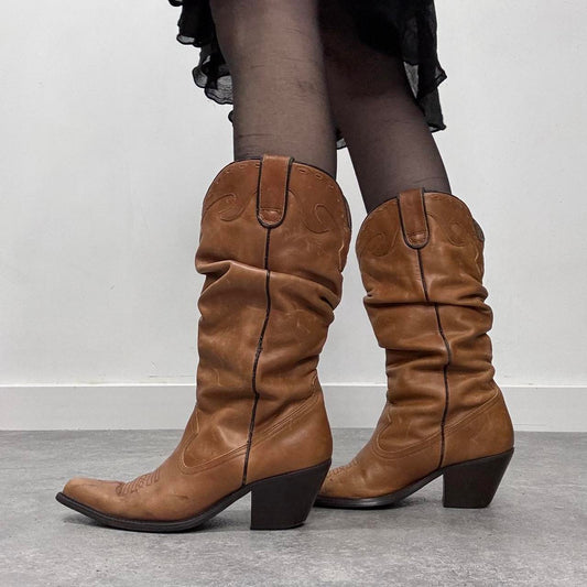 Tan leather slouchy cowboy boots