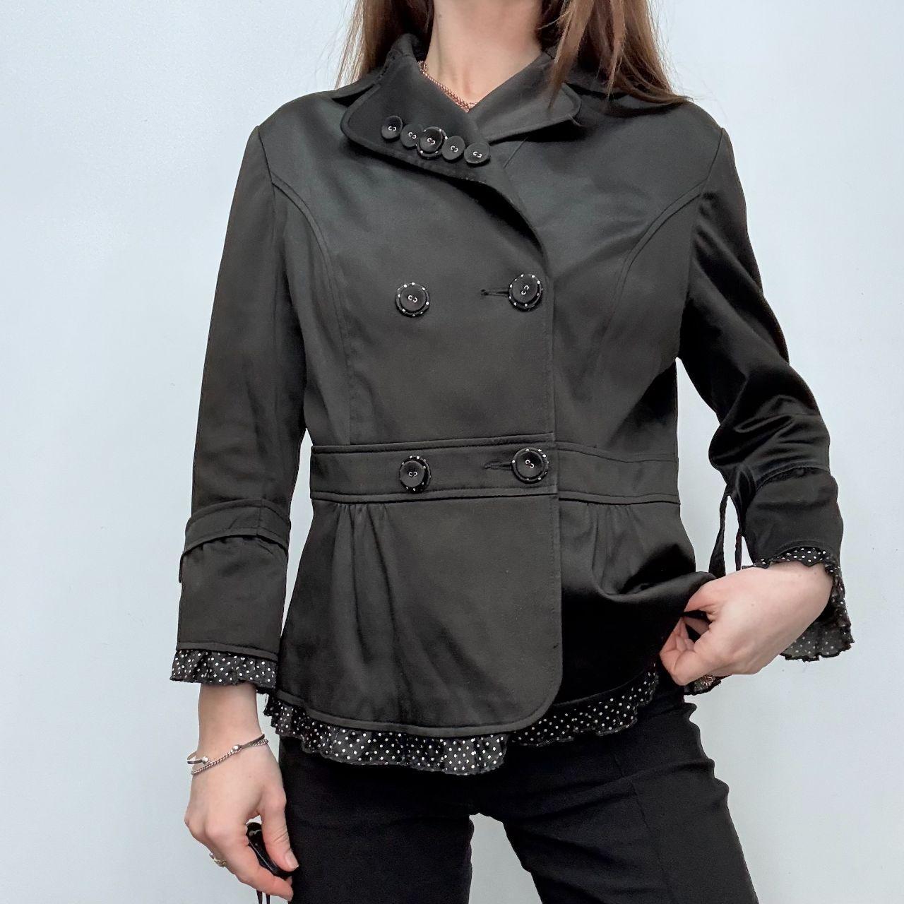 Black satin polka dot flared pea coat