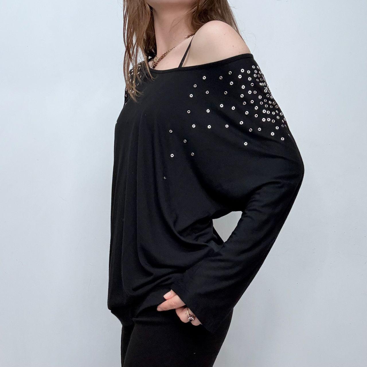 Black slouchy studded eyelet top