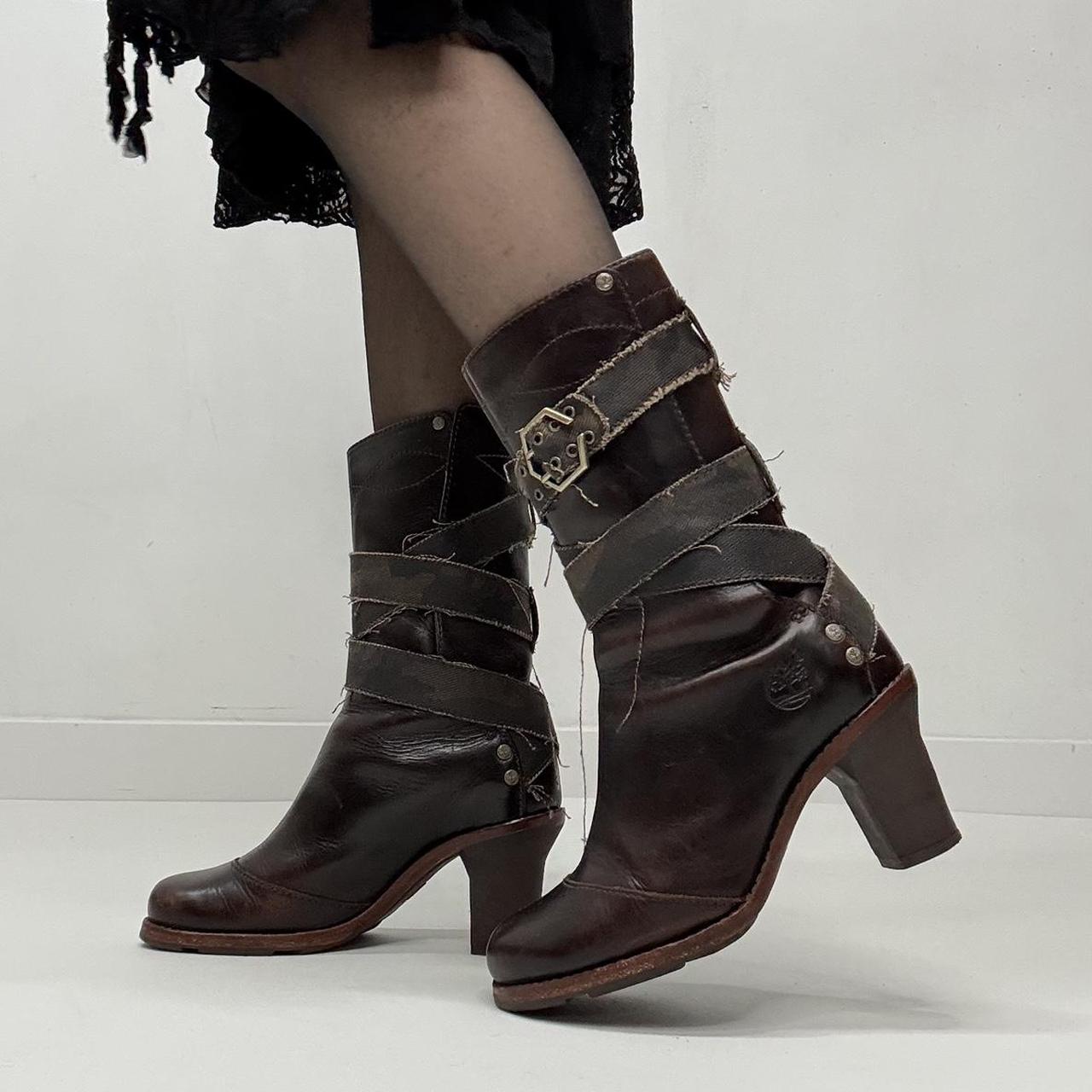 Brown leather distressed wrap grunge boots