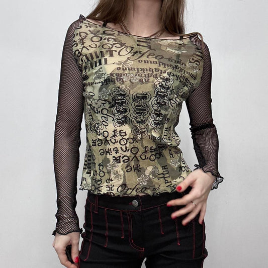 Y2k sheer graphic printed fishnet top