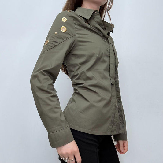 Khaki fitted eyelet cut out shirt