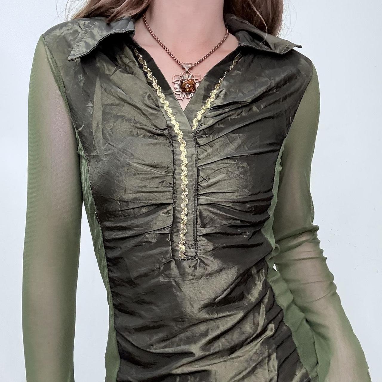 Khaki green gathered mesh shirt