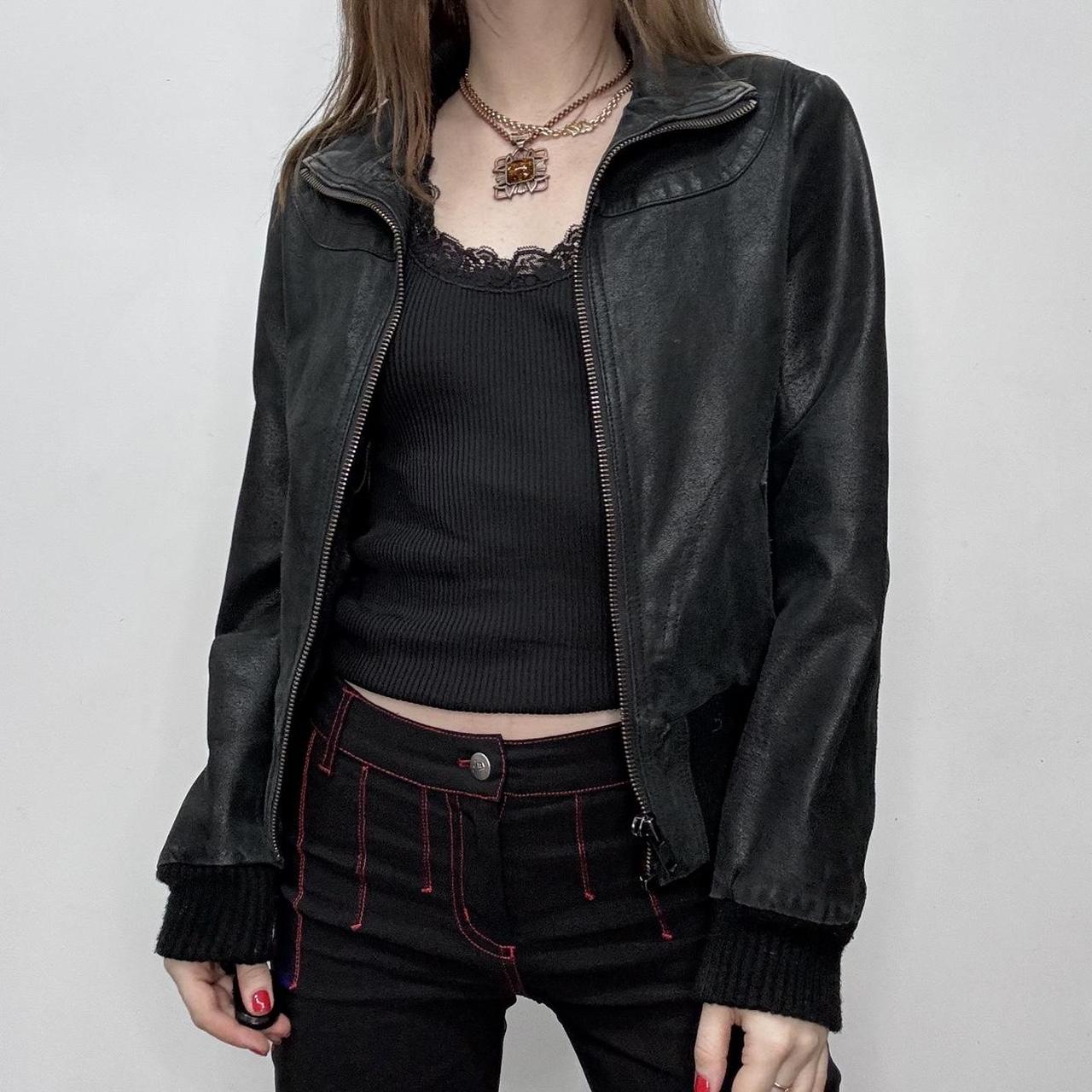 Black leather cropped bomber jacket