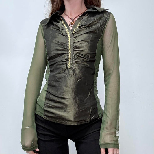 Khaki green gathered mesh shirt