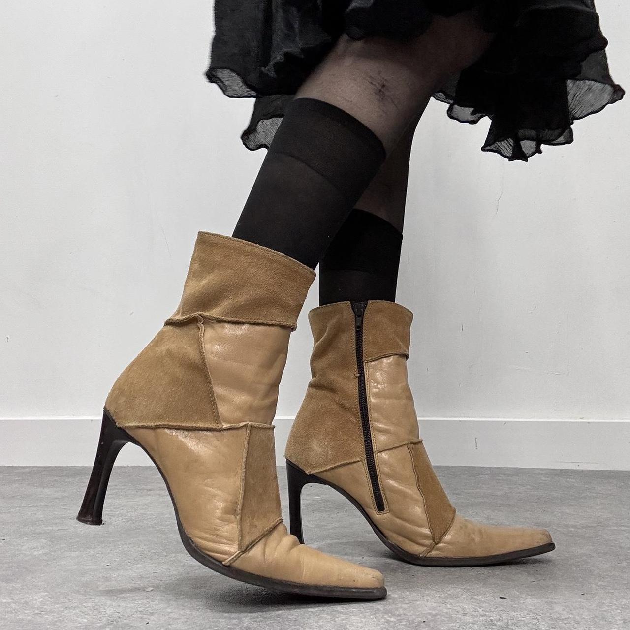 Tan leather pointed suede boots
