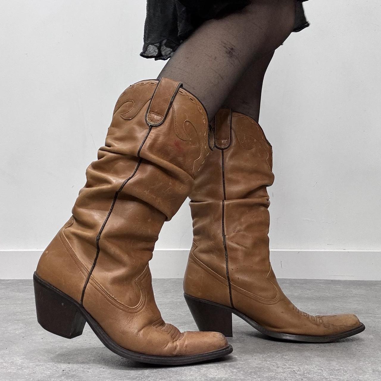 Tan leather slouchy cowboy boots