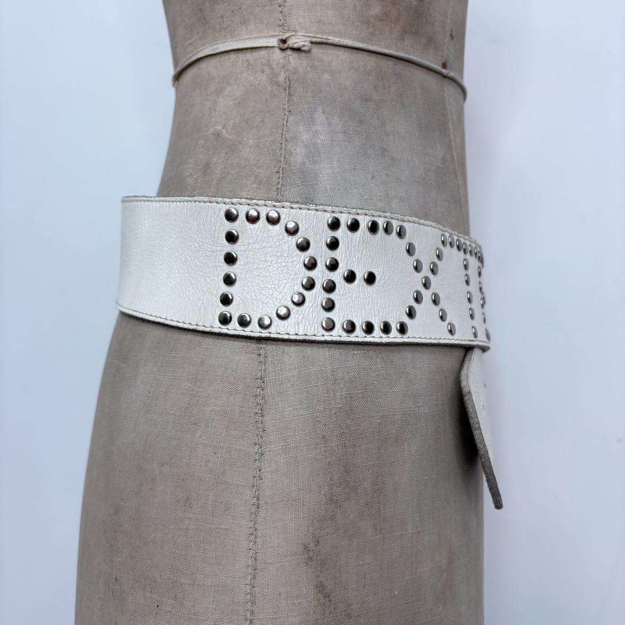 White leather studded spellout belt
