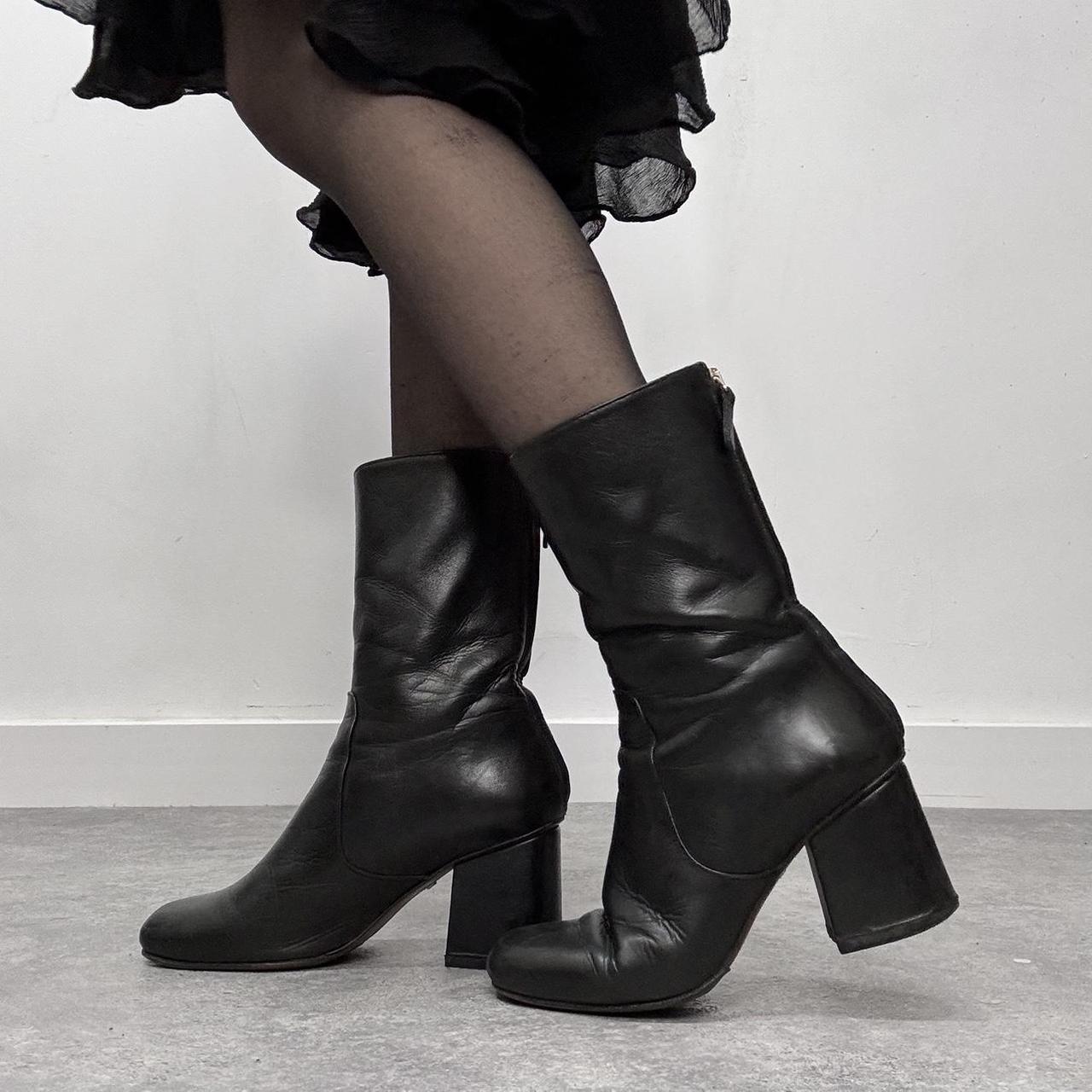 Black leather square heel boots