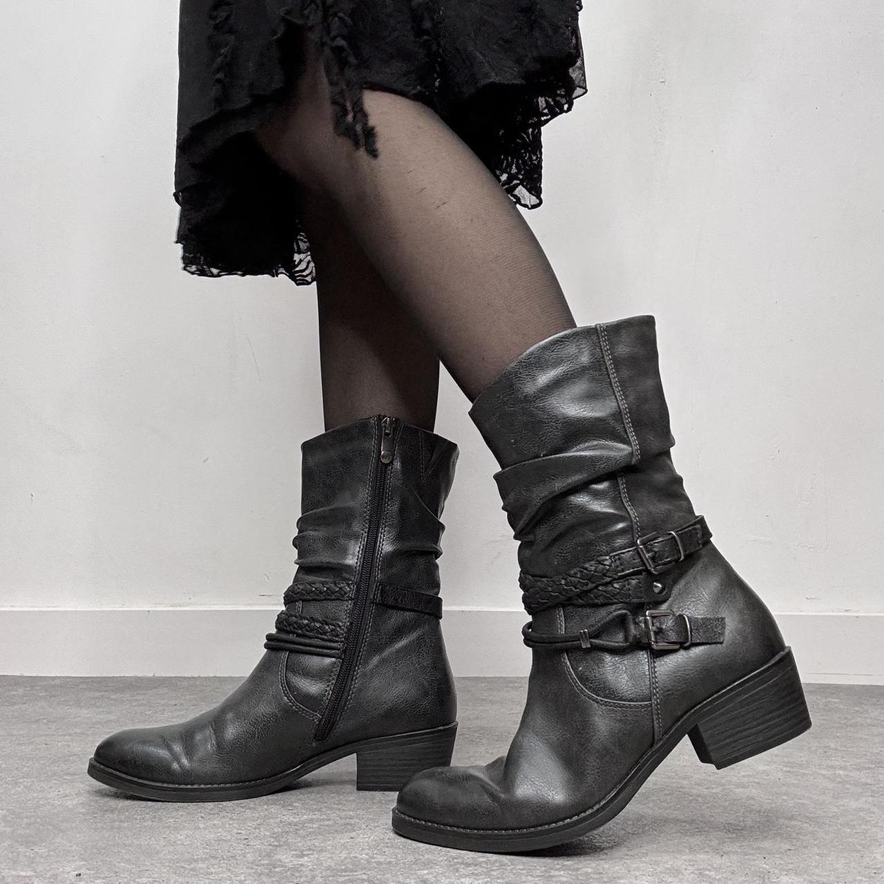 Black leather buckle biker boots