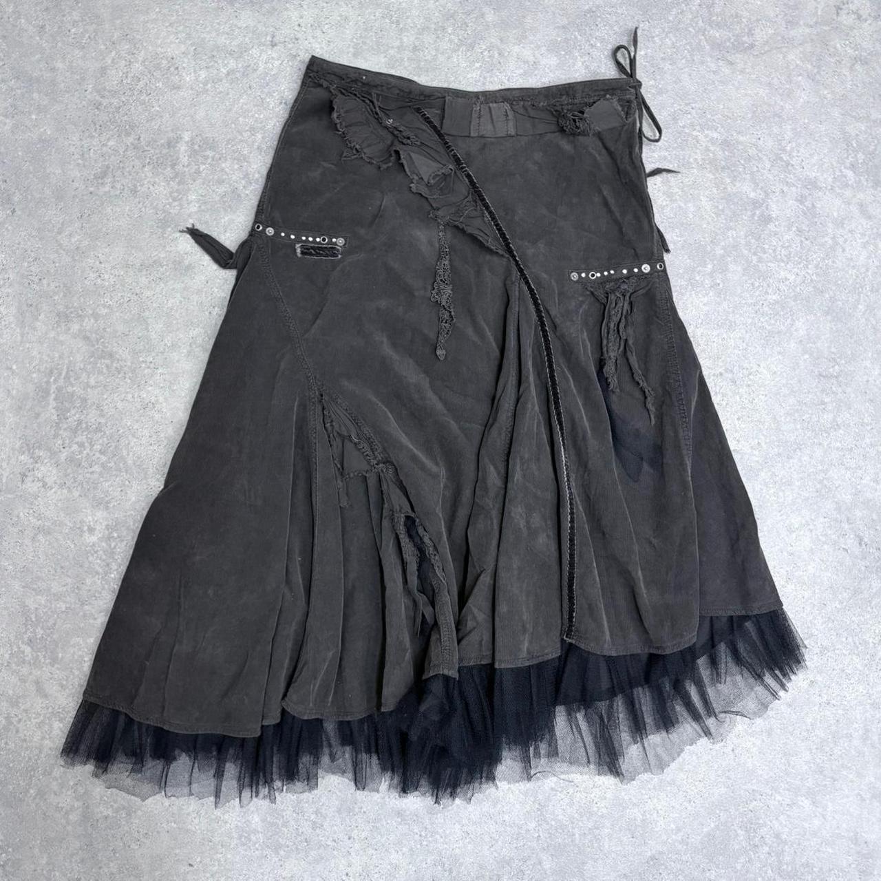 Khaki asyemmetric distressed grunge midi skirt