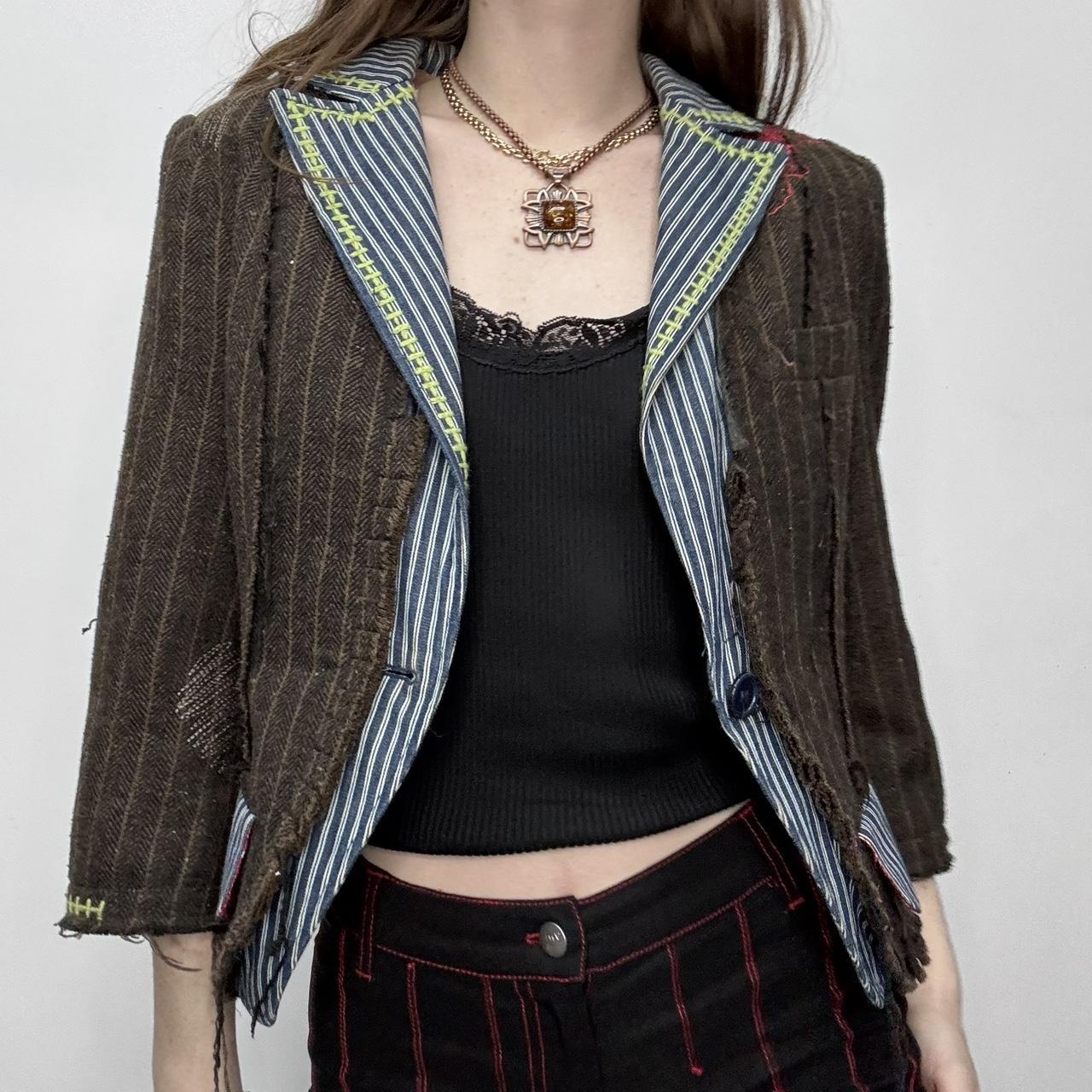 Brown pinstripe distressed layered jacket