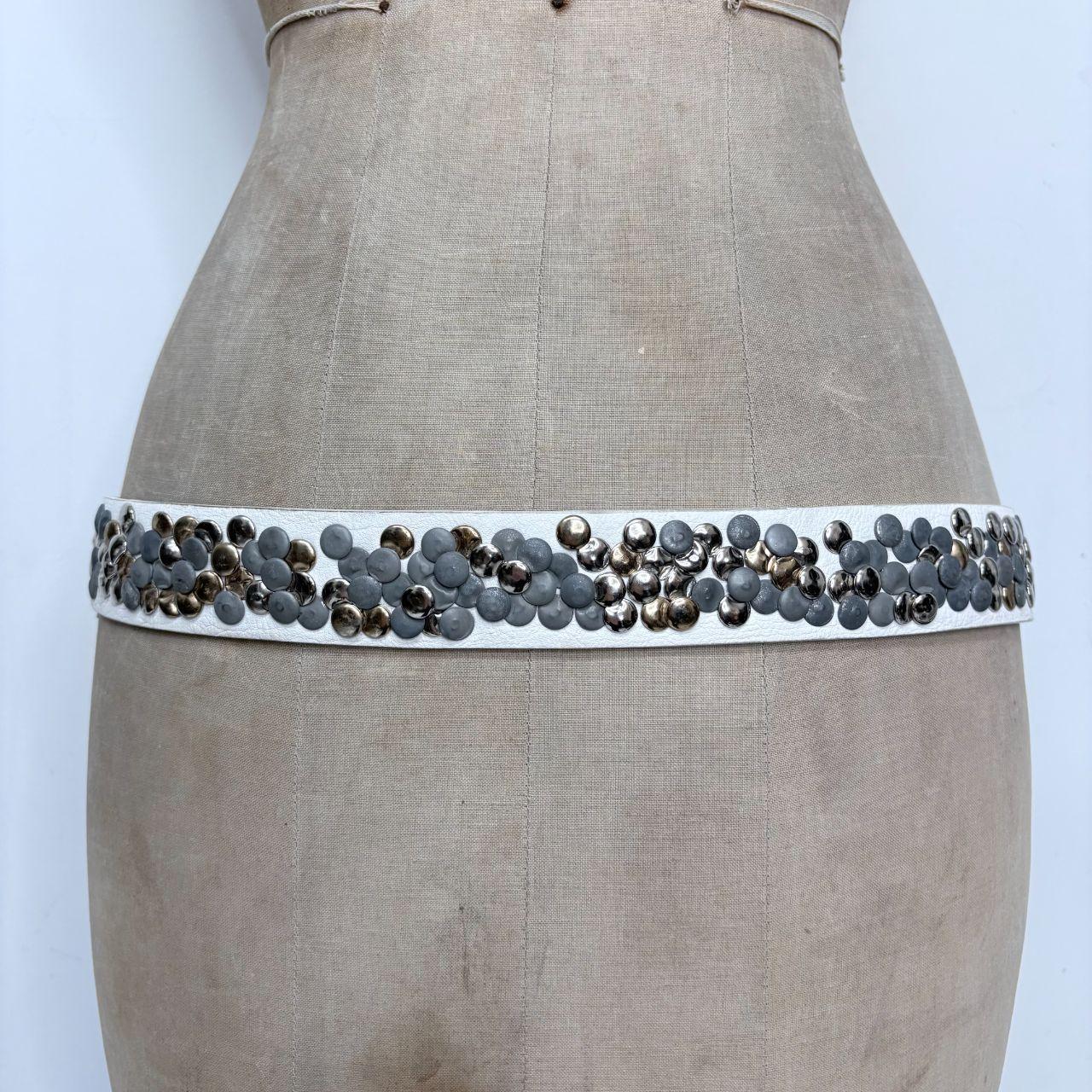 White leather studded metal belt