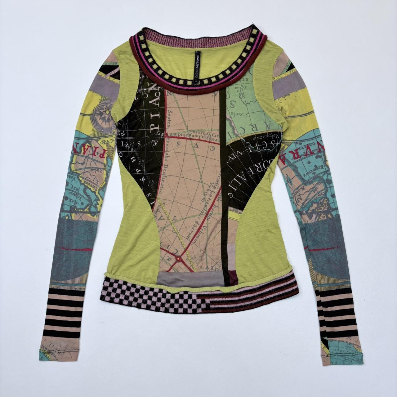 Sheer graphic long sleeve patchwork top