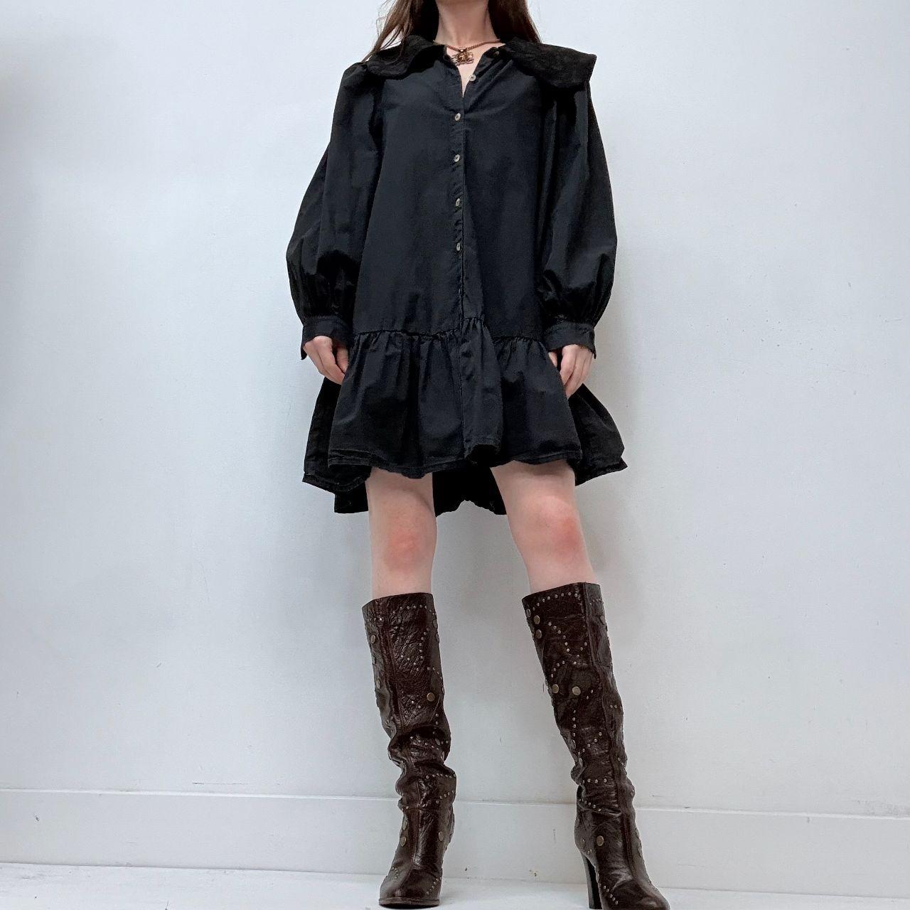 Black puff embroidered shirt dress