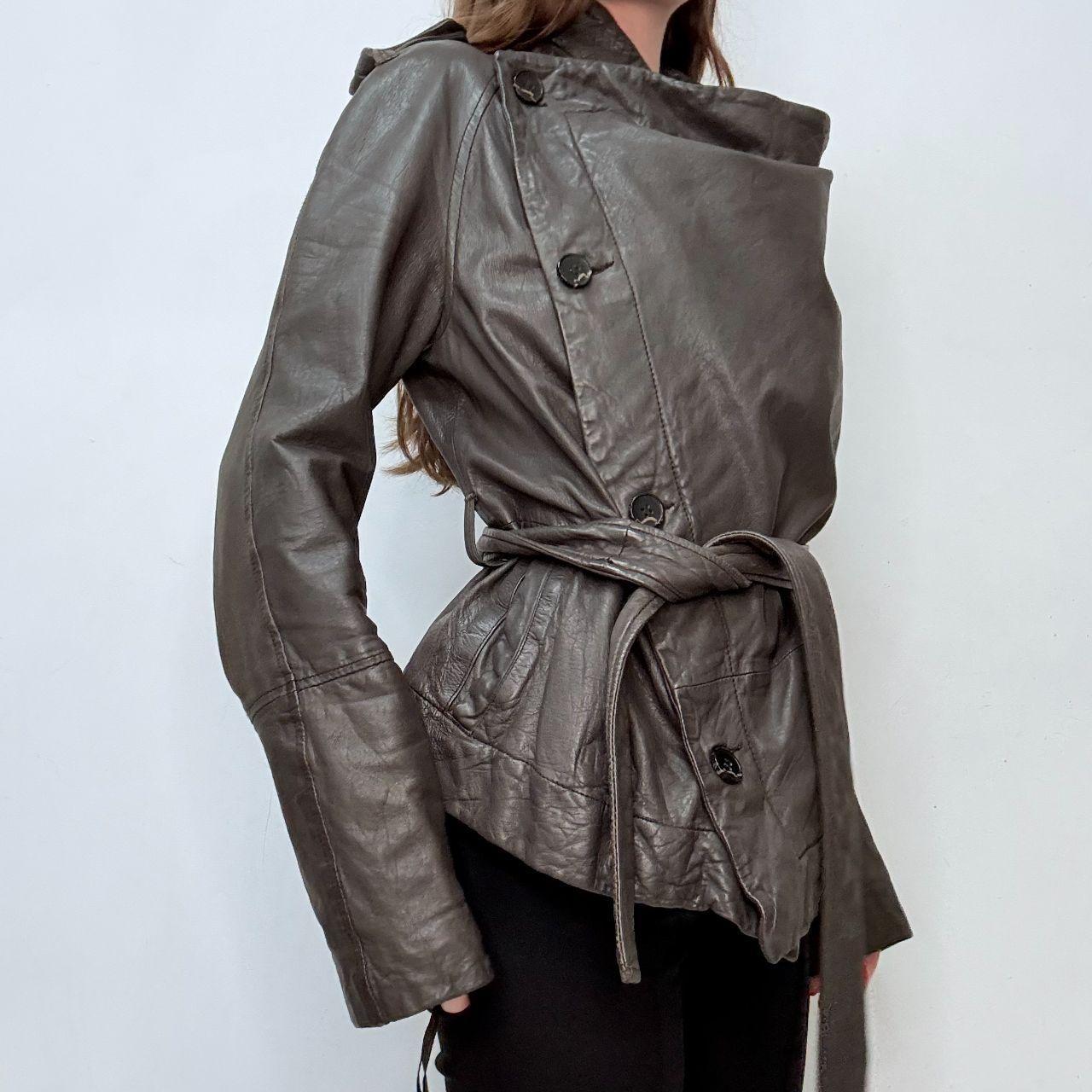 Asymmetric leather brown slouchy jacket