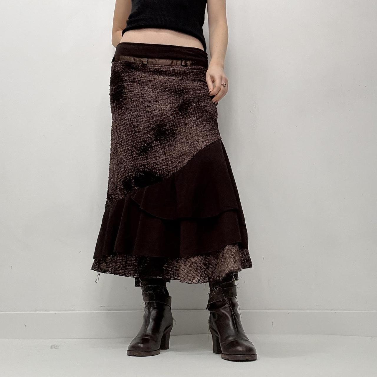 Brown distressed textured layered maxi skirt