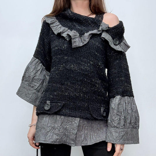 Black pinstripe flared puff slouchy shirt