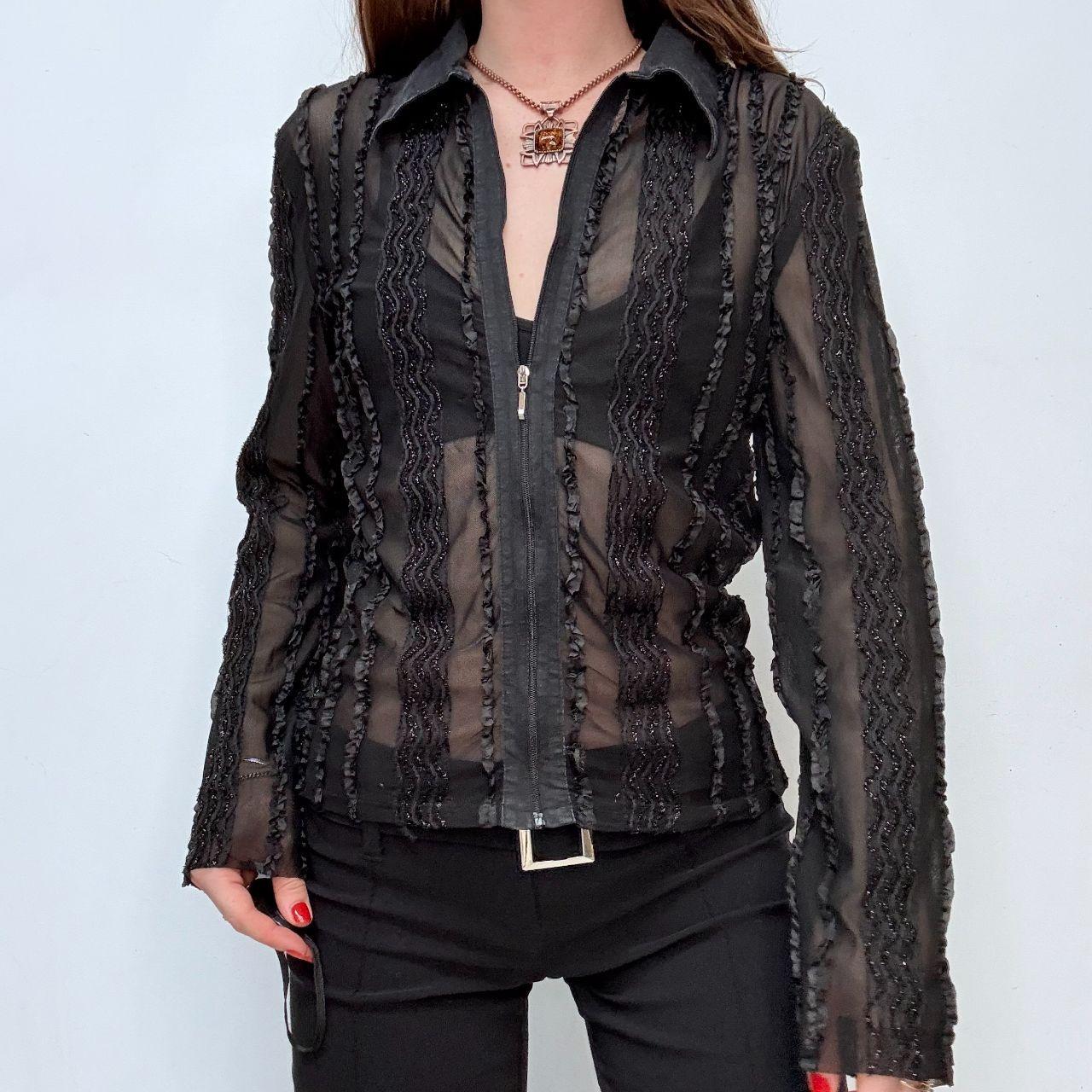 Black lace zip-up fitted shirt