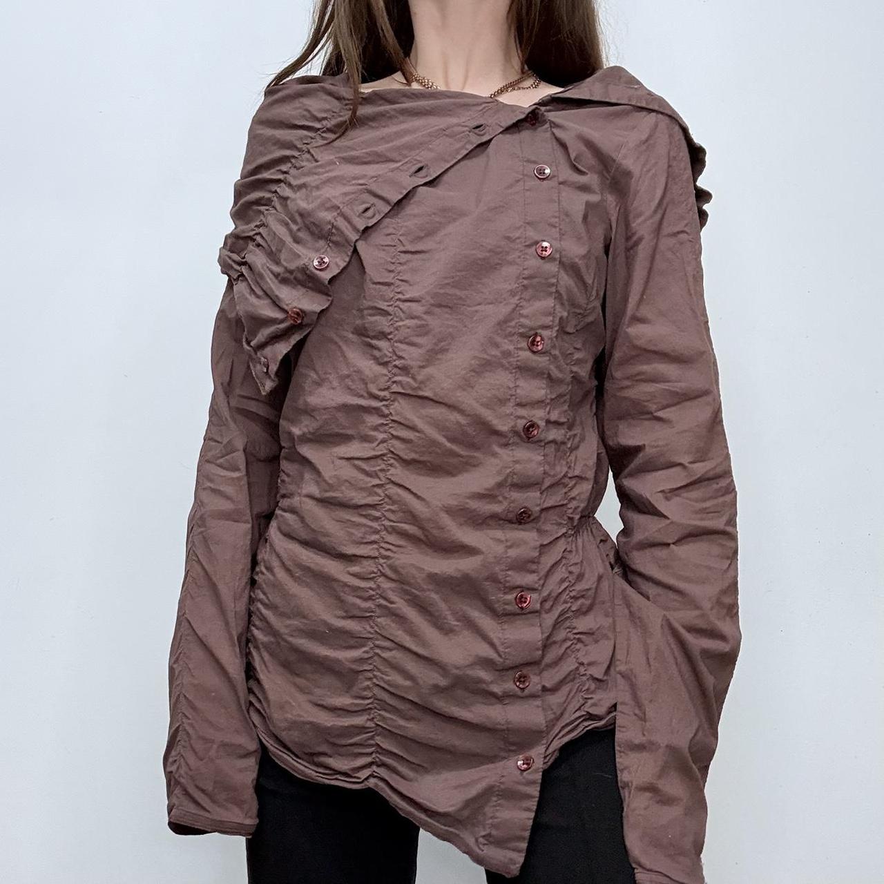Brown asymmetric gathered cotton shirt