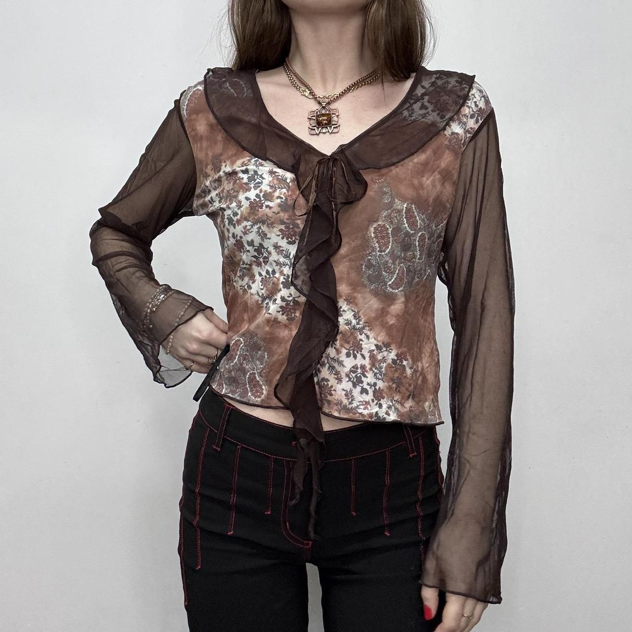 Brown flared floral ruffle shirt
