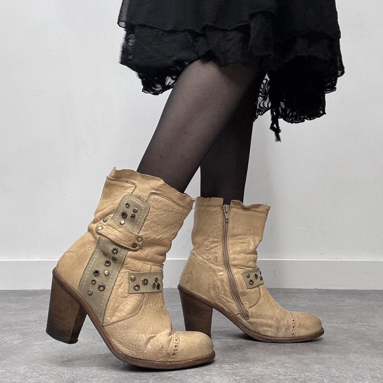 Cream leather studded eyelet boots