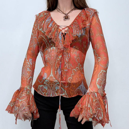Paisley sheer silk flared ruffle shirt